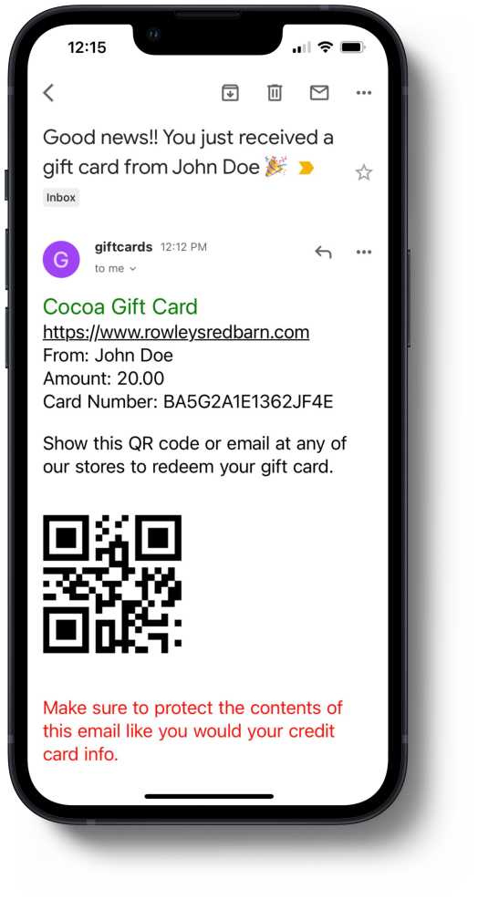 Digital gift card made possible through Cocoa Gift Cards.