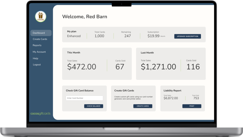 Gift card reporting as seen on the Cocoa Gift Cards web app.